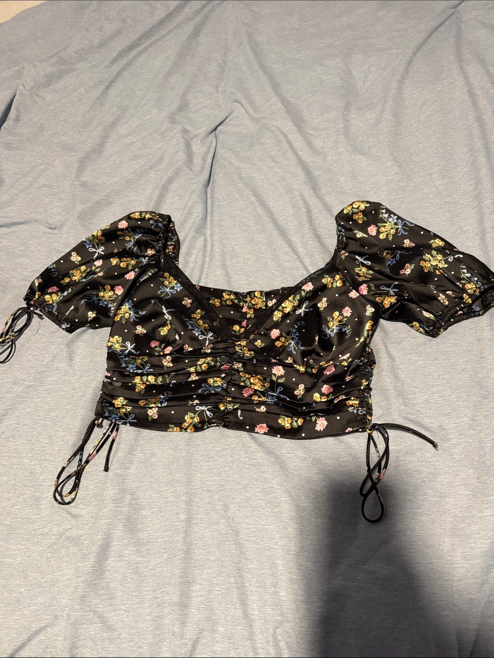 For Love And Lemons Black Floral Ruched Puff-Sleeve Crop Top